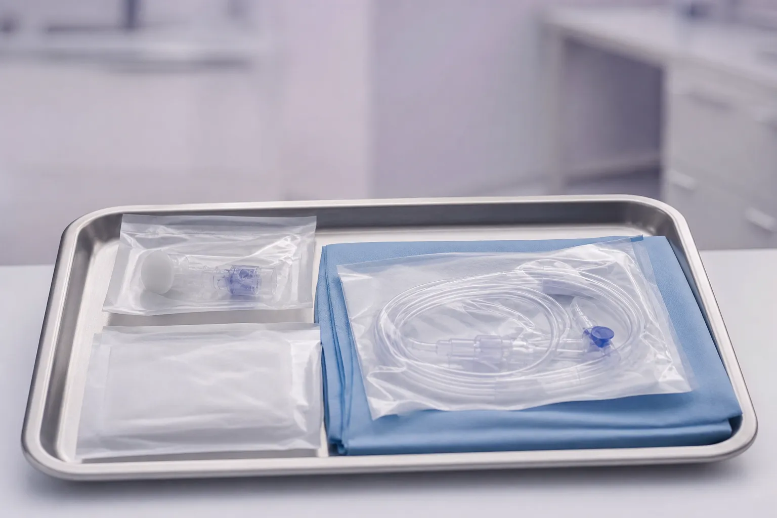 Un plateau en inox posé sur une paillasse claire, portant des emballages stériles fermés et une ligne de perfusion encore sous blister.