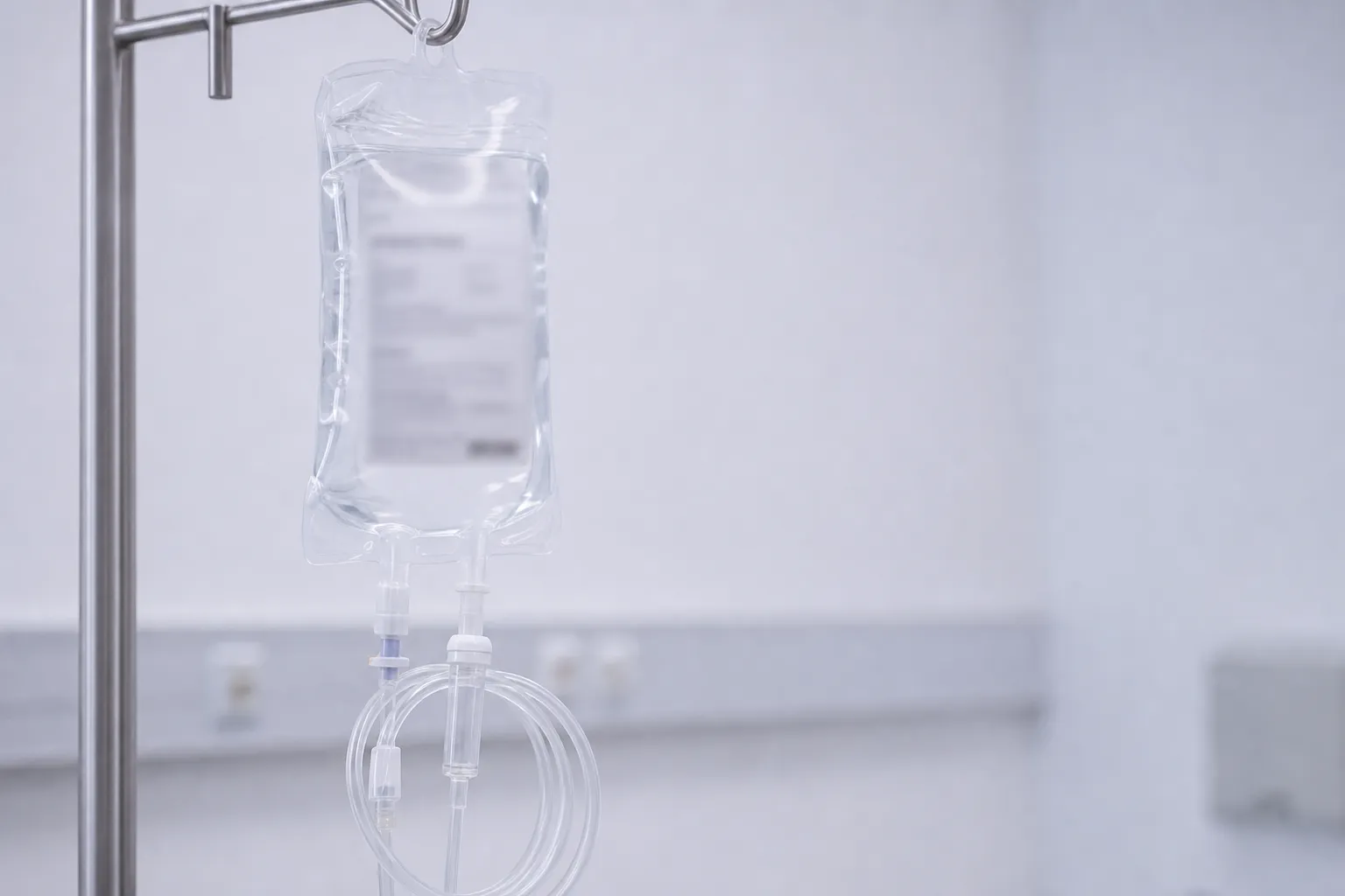 Une poche de perfusion transparente suspendue à une potence en inox, tubulure enroulée, dans une salle de soins vide.
